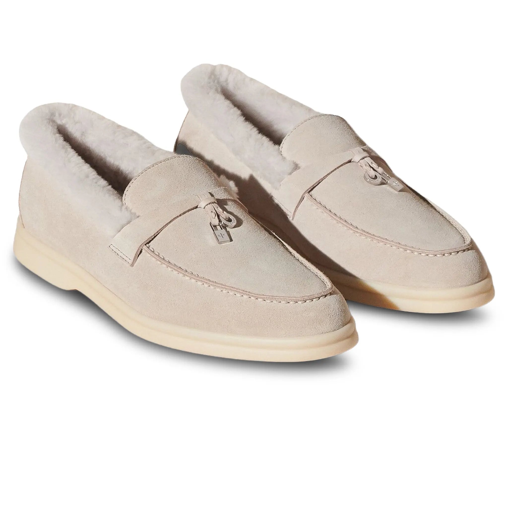 Front Side View of Loro Piana Summer Charms Walk Suede With Beaver Fur Pearl Powder Loafers FAL9227_A760